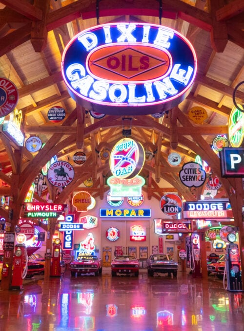 Hemi Hideout is a supercharged collection of neon signs, muscle cars, and vintage oddities in Texas