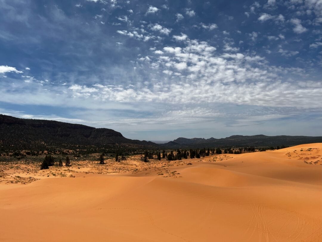 Pink sand dunes with a blue sky background